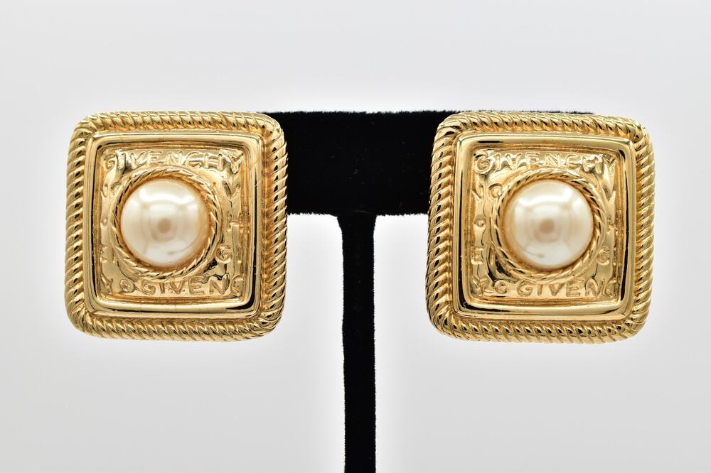 Givenchy Vintage Logo Clip On Pearl Earrings Square Chunky Gold Signed 80s BinBK